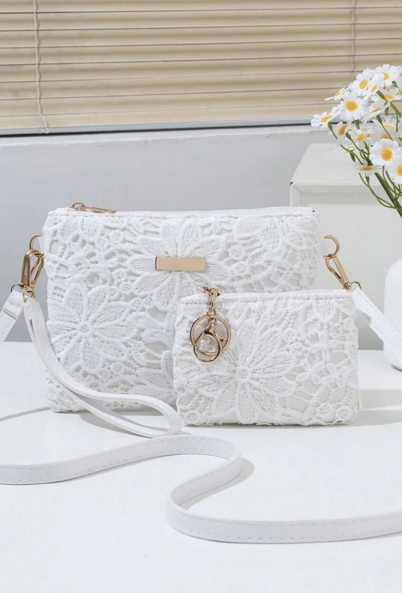 2pcs Women's Fashion Shoulder Bag With Small Wallet, Floral Hollow Woven Crochet Design, Adjustable 
