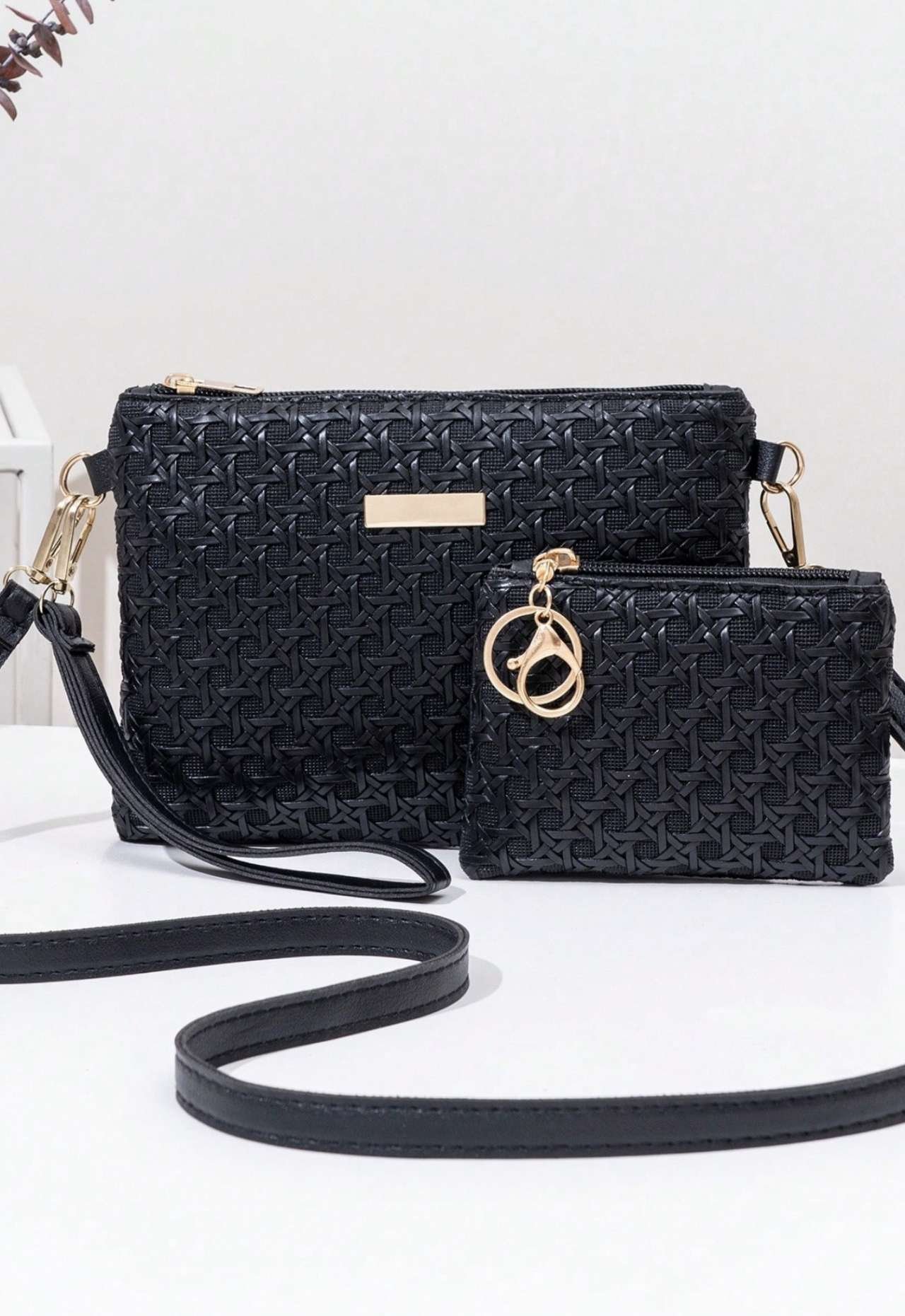 2pcs Women's Fashion Shoulder Bag With Small Wallet, Floral Hollow Woven Crochet Design, Adjustable 