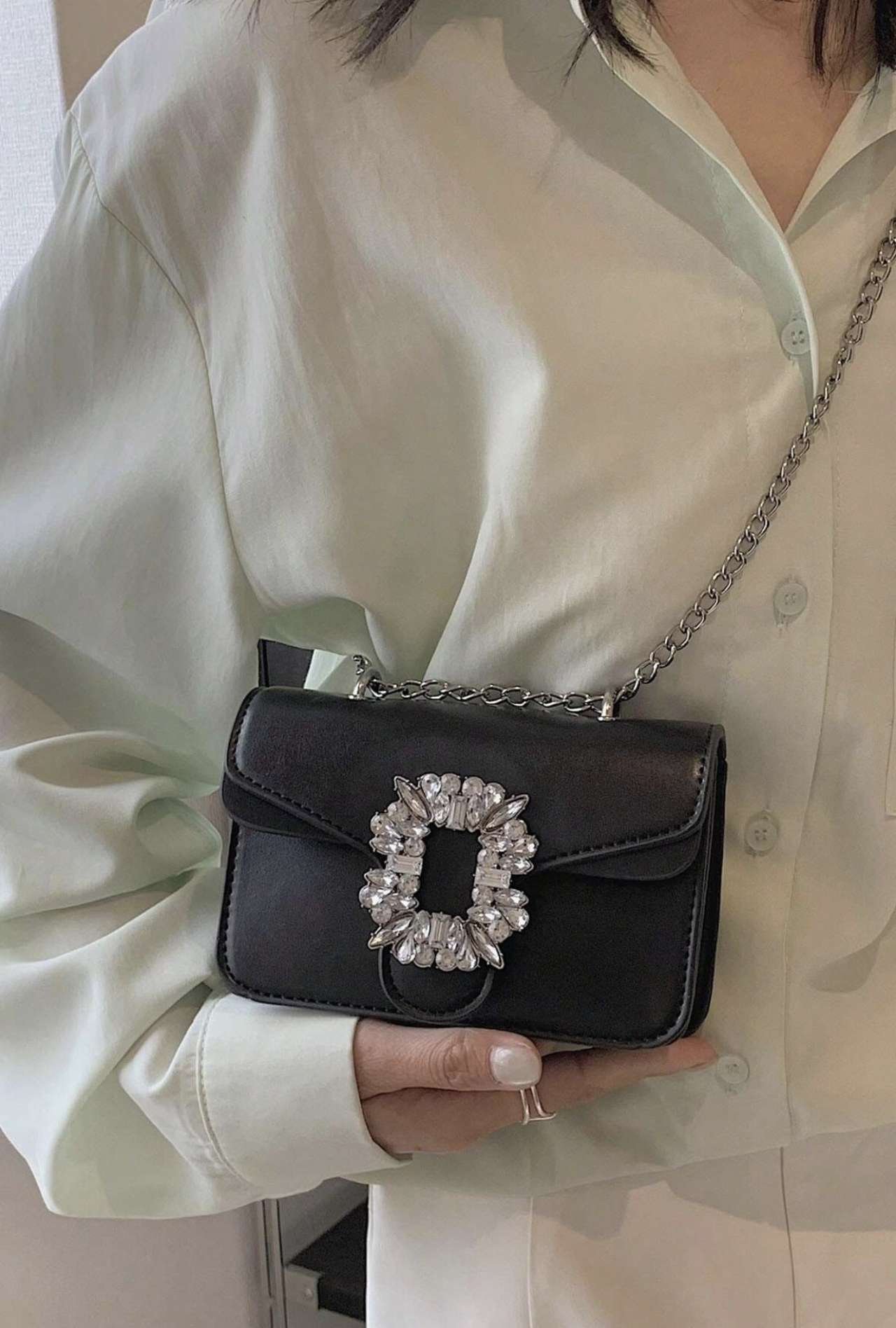 Mini Rhinestone Decoration Shoulder Bag, Fashionable PU Flap With Metal Chain Strap Clutch For Women