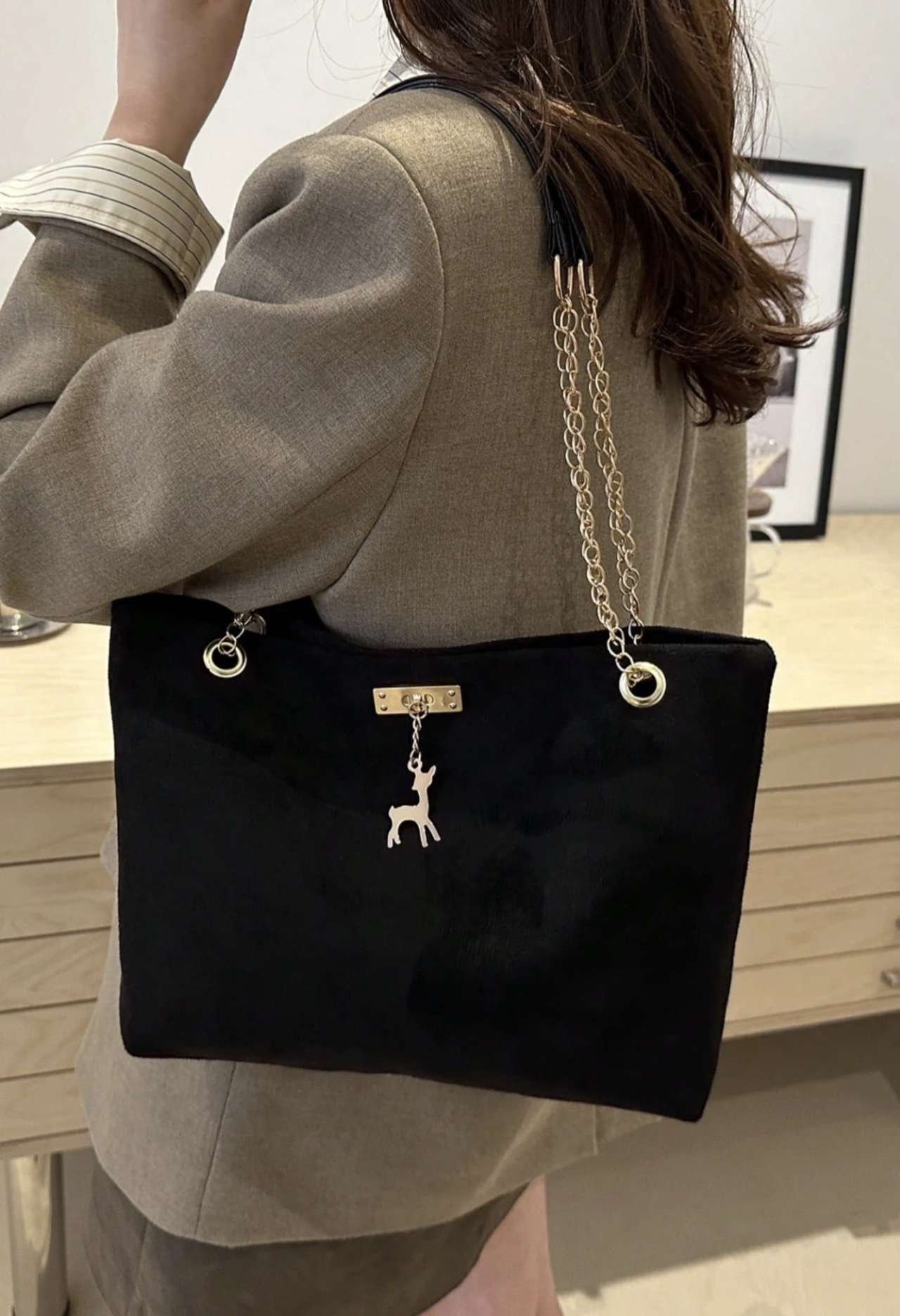 1pc Polyester Deer Pattern Decorative Large Capacity Zipper Shoulder Tote Bag, Suitable For Women's 