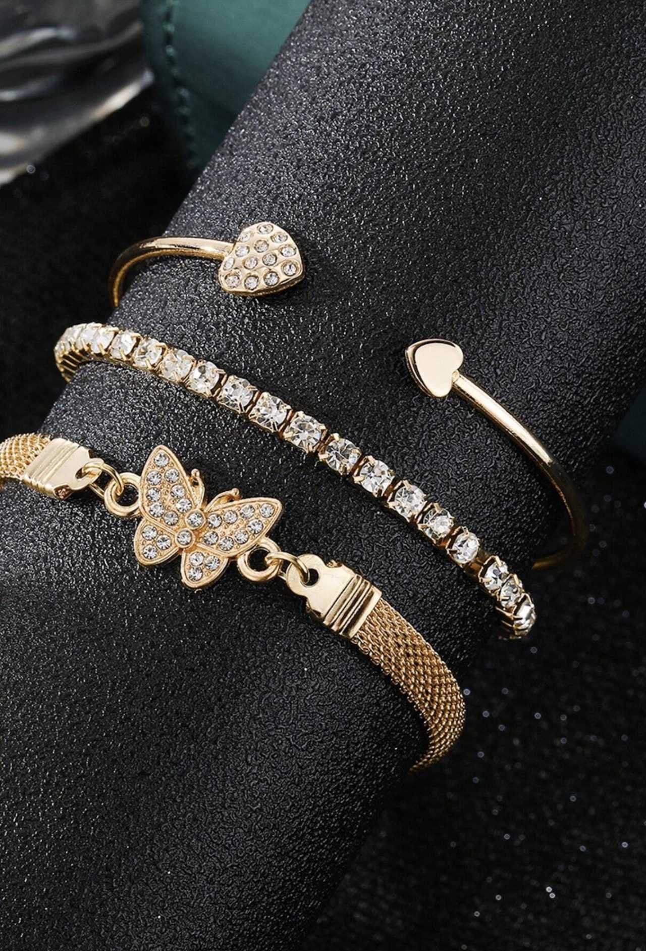 3pcs/Set Luxury Fashion Minimalist Personalized Rhinestone Butterfly & Heart Layered Bangle Bracelet