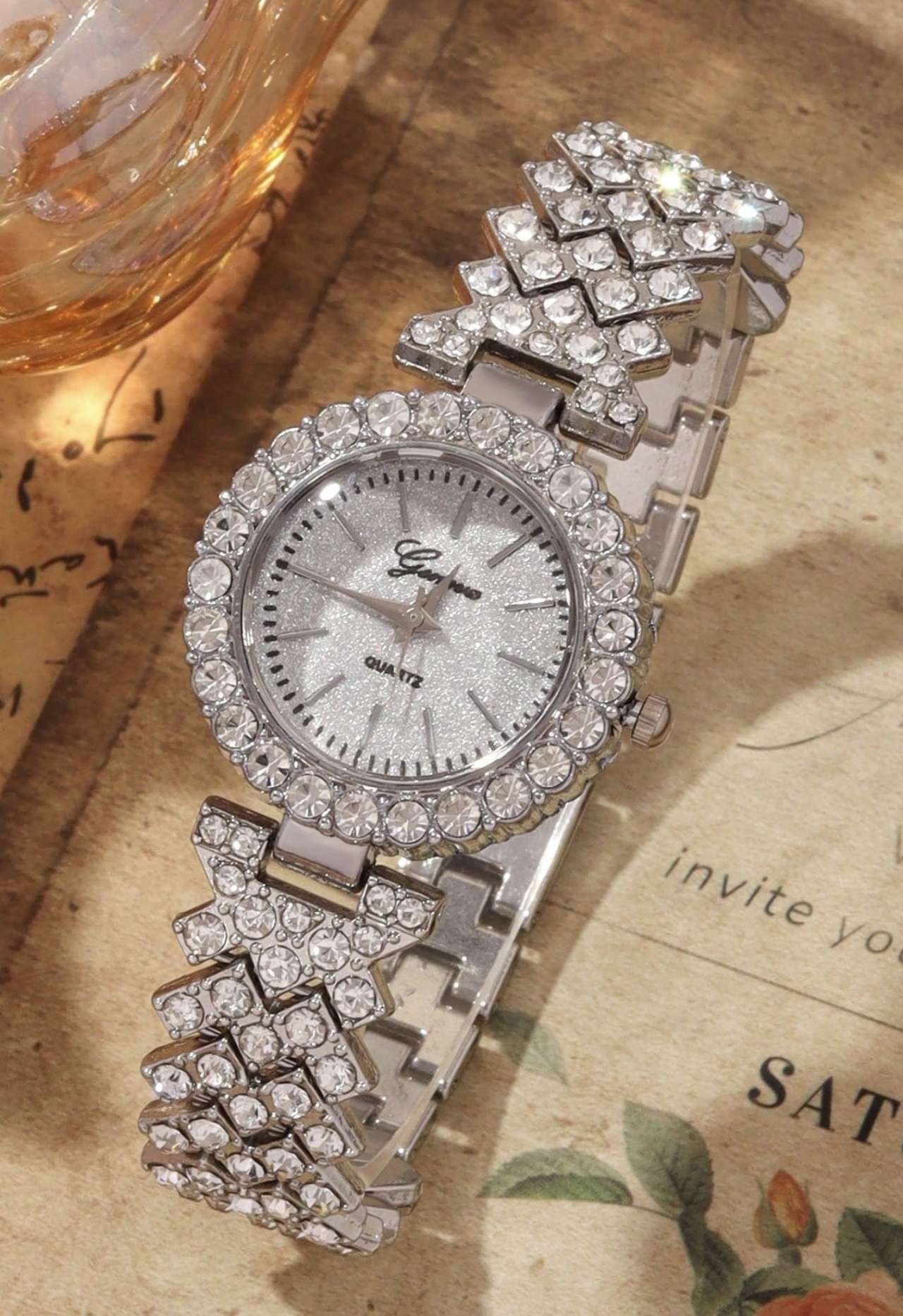 2pcs/Set Women's Fashion Casual Roman Numeral Fully Rhinestone Dial Wrist Watch, Paired With Jewelry