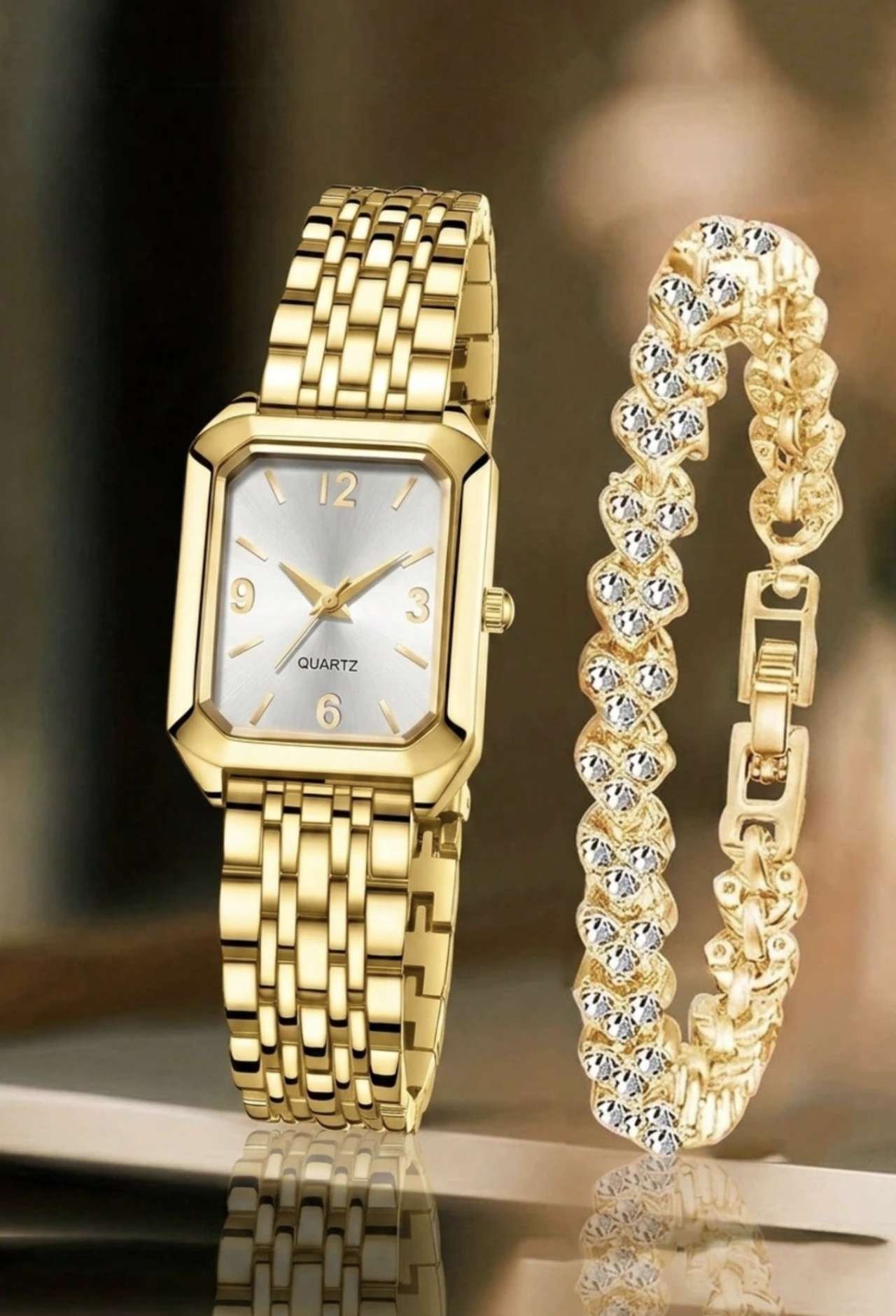 2pcs Women's Watch & Bracelet Set, Fashion Elegant Luxury Square Dial Roman Numeral Quartz Watch Wit