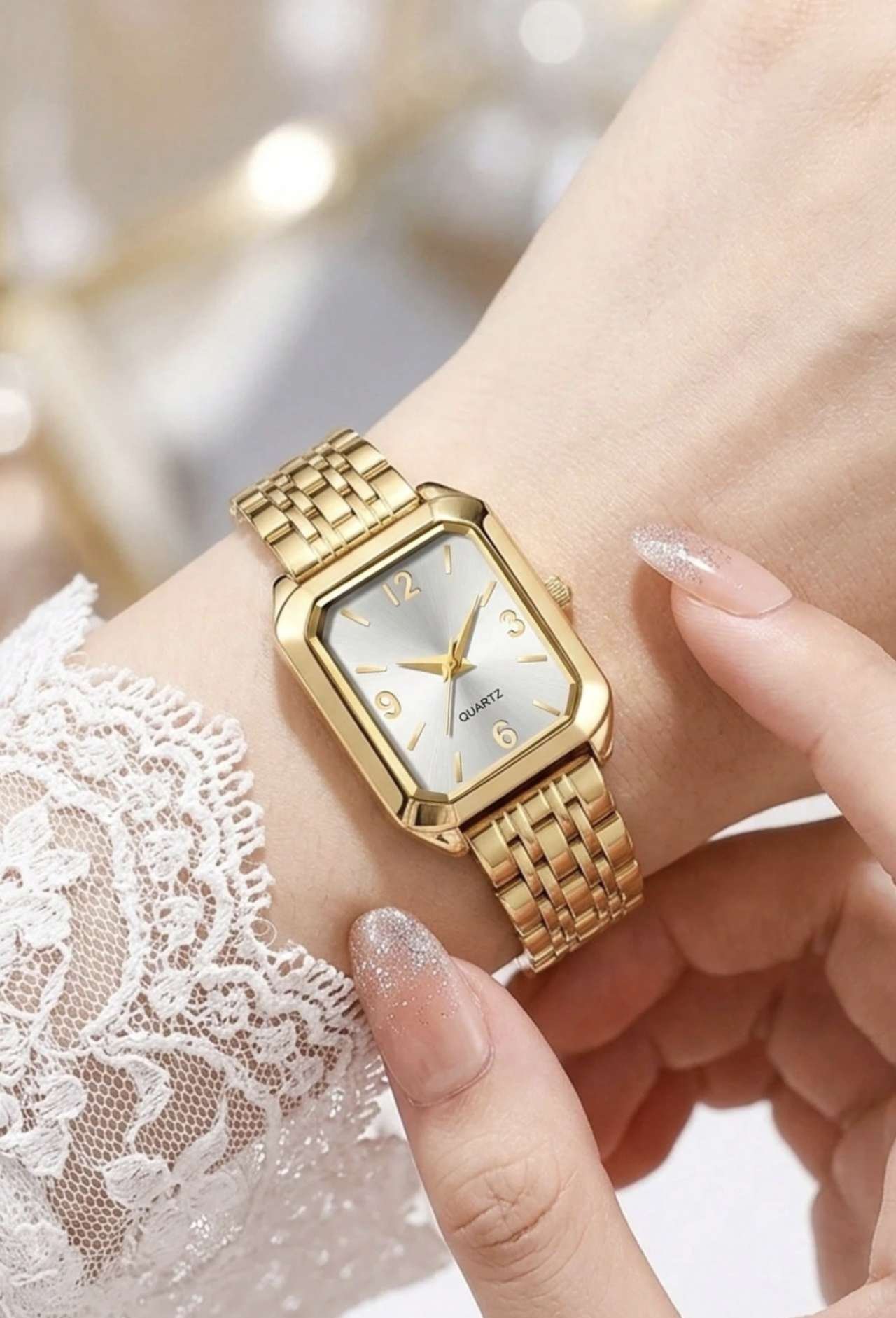 2pcs Women's Watch & Bracelet Set, Fashion Elegant Luxury Square Dial Roman Numeral Quartz Watch Wit