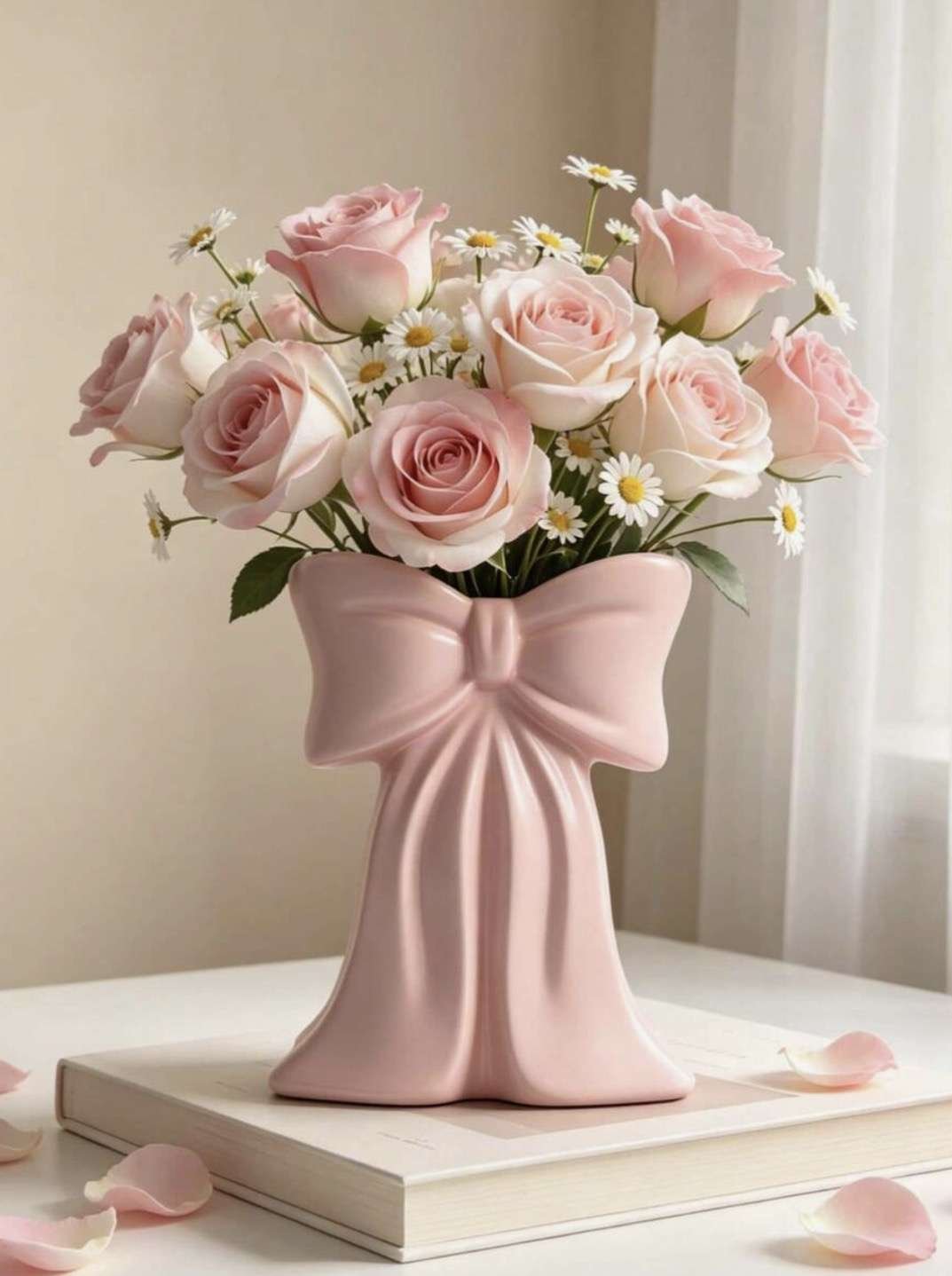 1pc Pink Bow Vase, Flower Vase, Minimalist High-End Design, Suitable For Room Decoration, Home Livin