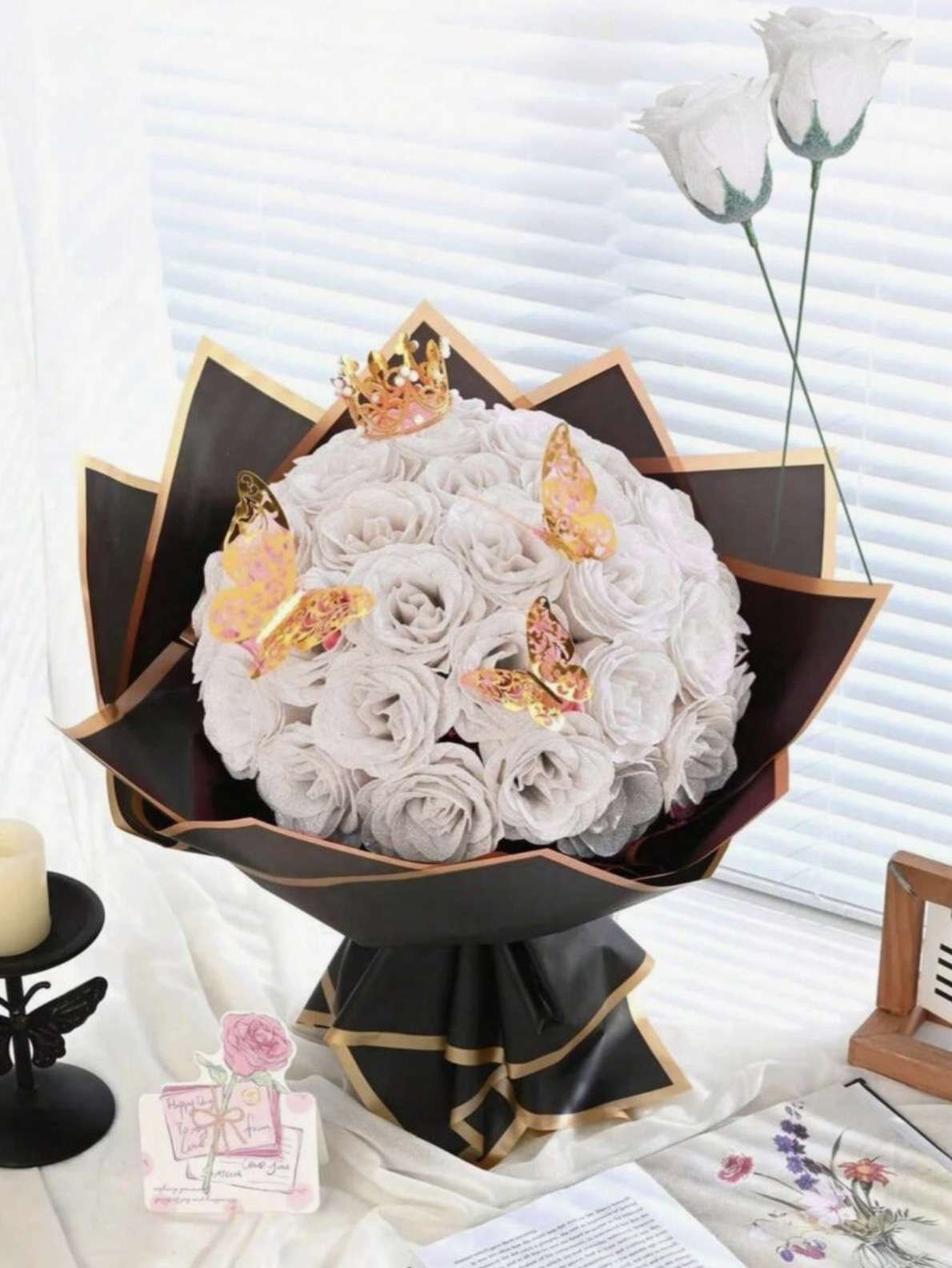 MEHELANY 40/20/12/6/1pc 2.76 Inch Glitter Rose Bouquet, DIY Artificial Glitter Flower Bouquet, White