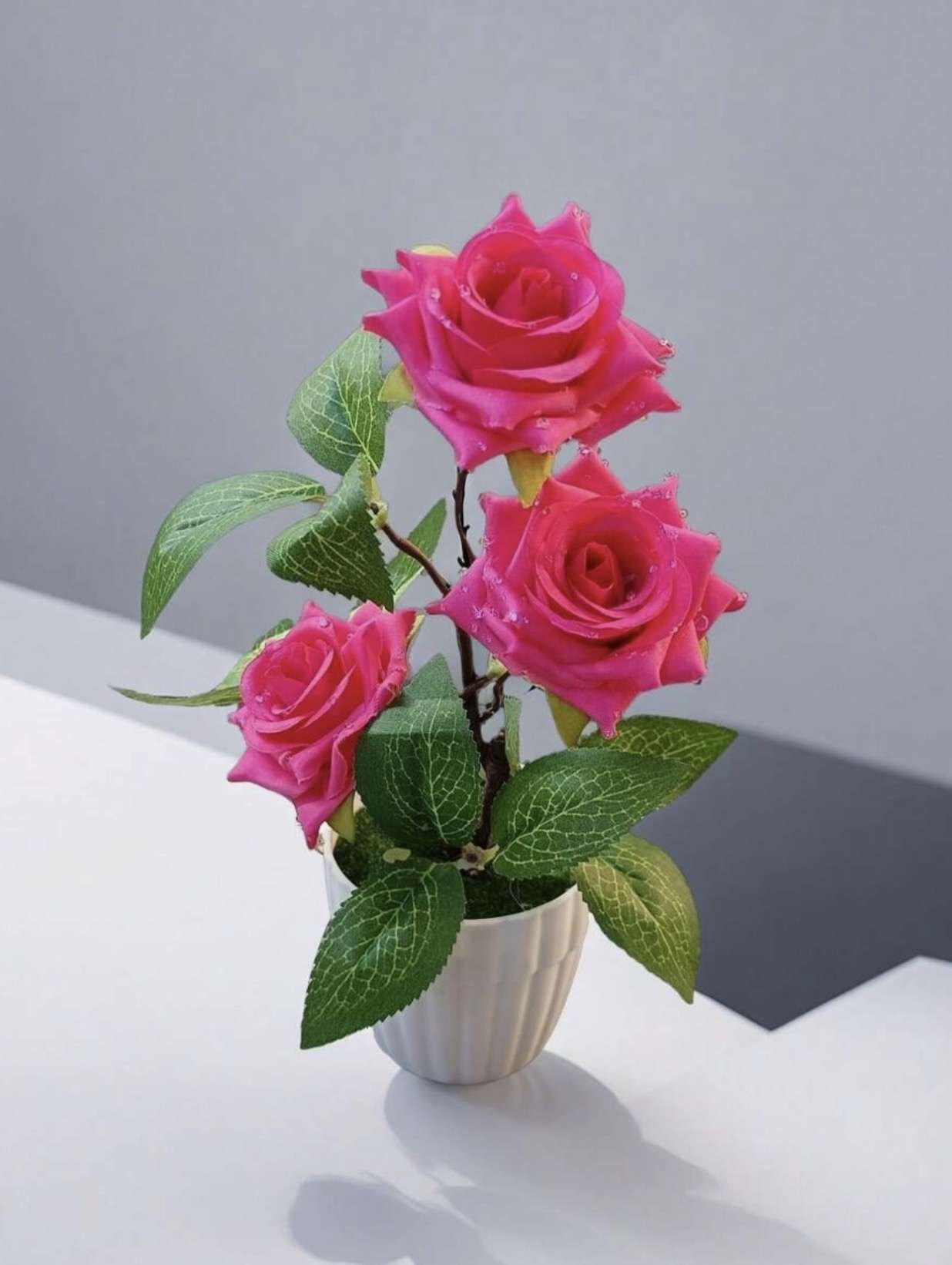 1pc/1set Realistic Dew Drop Rose Artificial Silk Flowers 3 Heads Rose Mini Potted Plant Fake Floral 