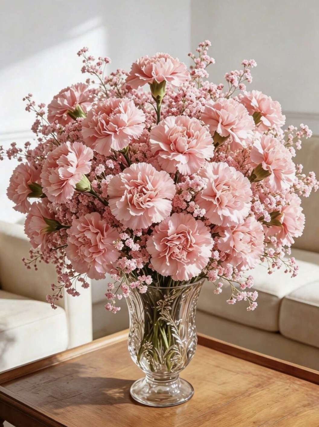 2/26/52pcs Artificial Carnations + Artificial Baby's Breath, Silk Material Stems, Suitable For Funer
