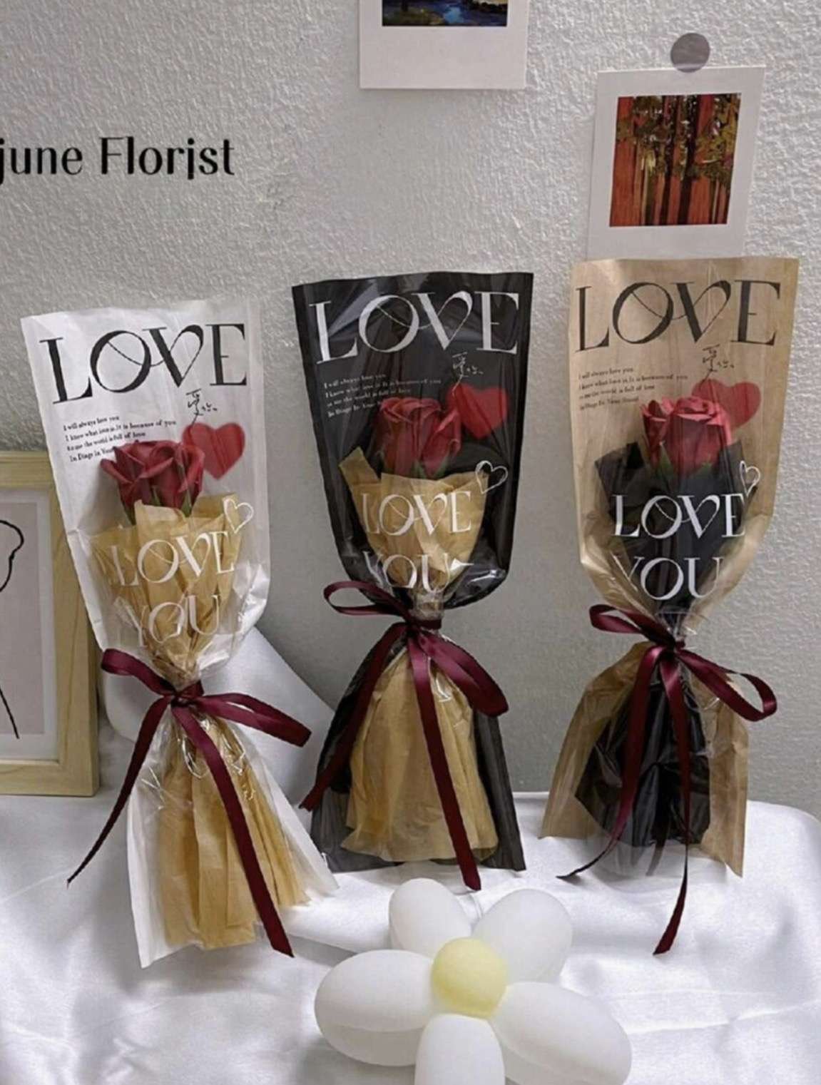 10pcs/Pack Transparent Flower Bouquet Gift Bags, Colorful Flower Packaging Bags, Single Rose Packagi